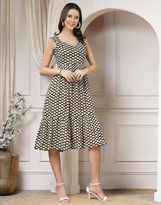 Women cotton black polka dot print flared midi dress 4