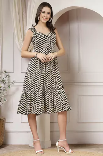 Women cotton black polka dot print flared midi dress