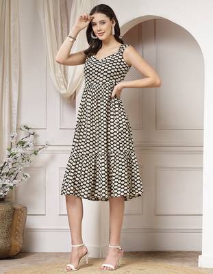 Women cotton black polka dot print flared midi dress 5
