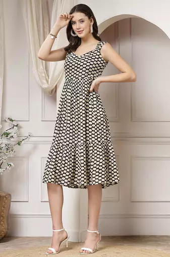 Women cotton black polka dot print flared midi dress