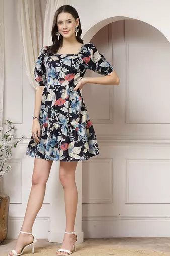 Women cotton blue floral print mini dress