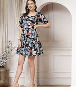 Women cotton blue floral print mini dress