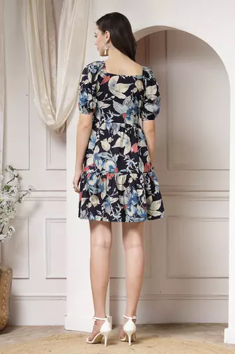 Women cotton blue floral print mini dress