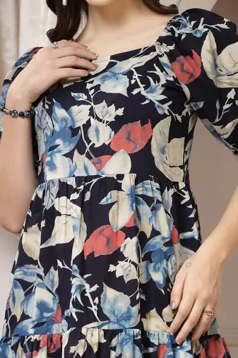 Women cotton blue floral print mini dress