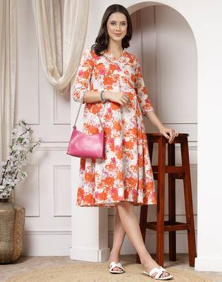 Women cotton orange floral print a-line midi dress 1