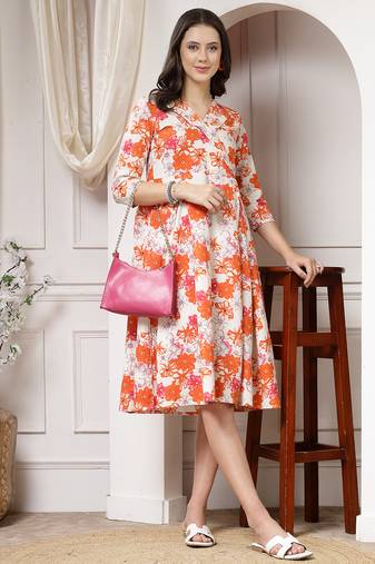 Women cotton orange floral print a-line midi dress