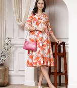 Women cotton orange floral print a-line midi dress