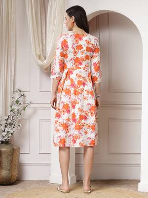 Women cotton orange floral print a-line midi dress 2
