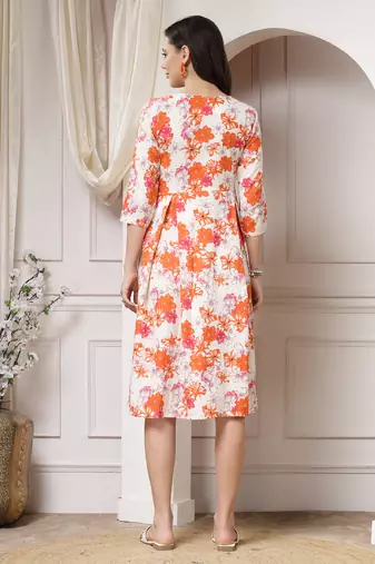 Women cotton orange floral print a-line midi dress