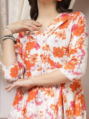 Women cotton orange floral print a-line midi dress 3