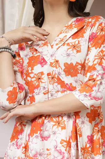 Women cotton orange floral print a-line midi dress