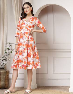 Women cotton orange floral print a-line midi dress 4