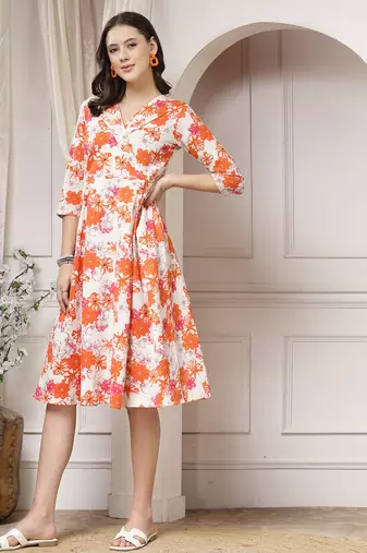 Women cotton orange floral print a-line midi dress