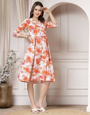 Women cotton orange floral print a-line midi dress 5