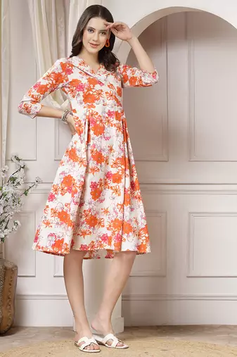 Women cotton orange floral print a-line midi dress