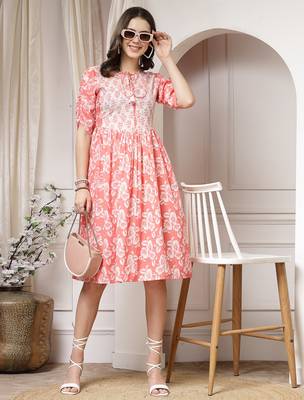 Women cotton peach floral print flared midi dress 1