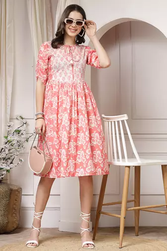 Women cotton peach floral print flared midi dress