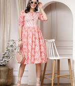 Women cotton peach floral print flared midi dress