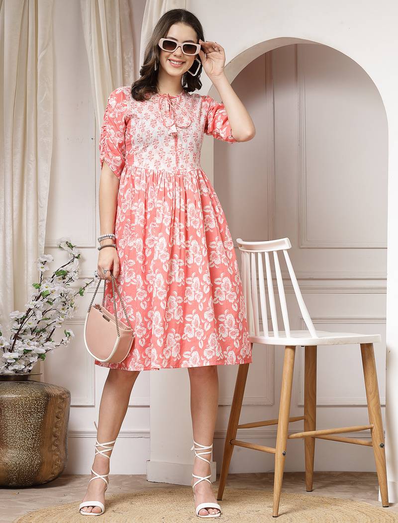 Women cotton peach floral print flared midi dress