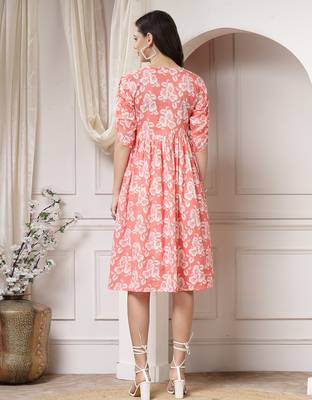 Women cotton peach floral print flared midi dress 2