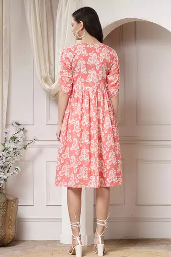Women cotton peach floral print flared midi dress
