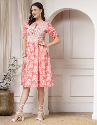 Women cotton peach floral print flared midi dress 5