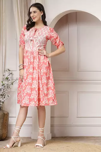 Women cotton peach floral print flared midi dress
