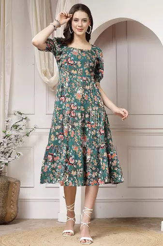 Women rayon green floral print flared dress