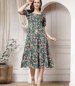 Women rayon green floral print flared dress