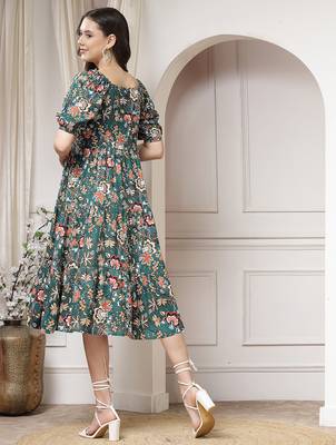 Women rayon green floral print flared dress 2