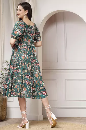 Women rayon green floral print flared dress
