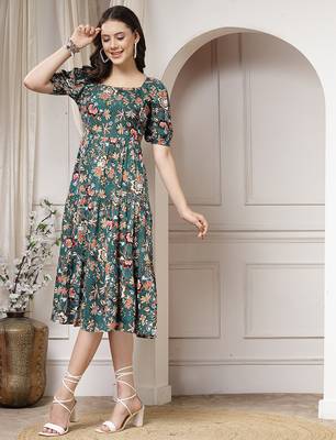 Women rayon green floral print flared dress 3