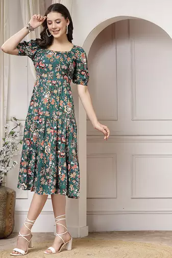 Women rayon green floral print flared dress