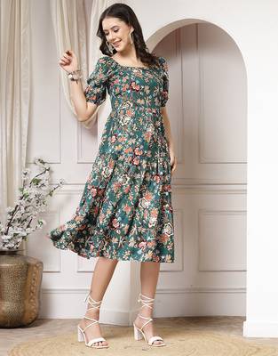 Women rayon green floral print flared dress 4