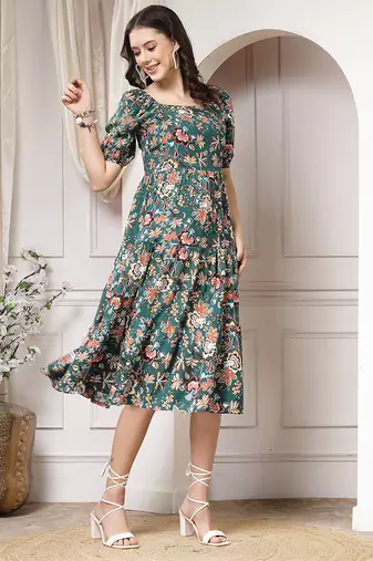 Women rayon green floral print flared dress