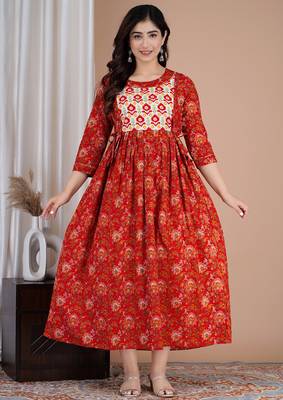 Women floral printed round neck  cotton maternity dress 1