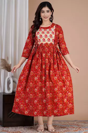 Women floral printed round neck pure cotton maternity dress