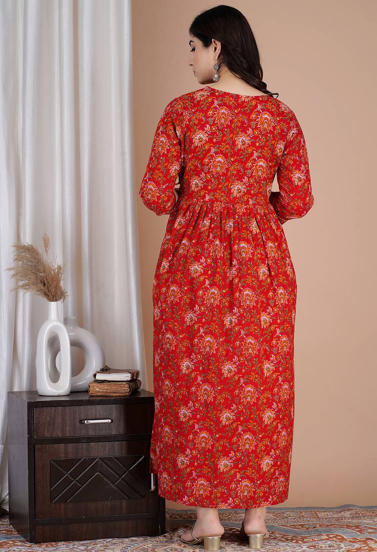 Women floral printed round neck pure cotton maternity dress