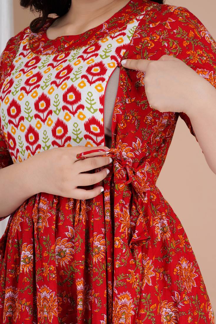 Women floral printed round neck pure cotton maternity dress