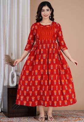 Women floral printed round neck  cotton maternity dress 1