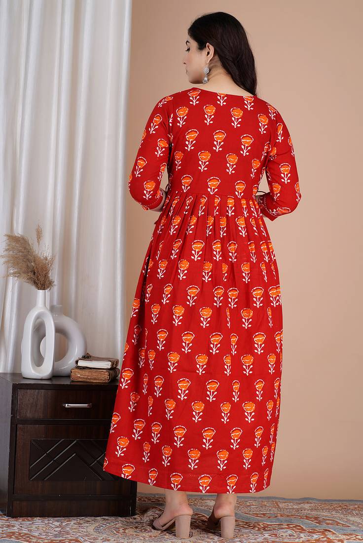 Women floral printed round neck pure cotton maternity dress