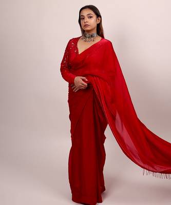 Red embroidered crepe saree 1