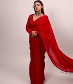 Red embroidered crepe saree