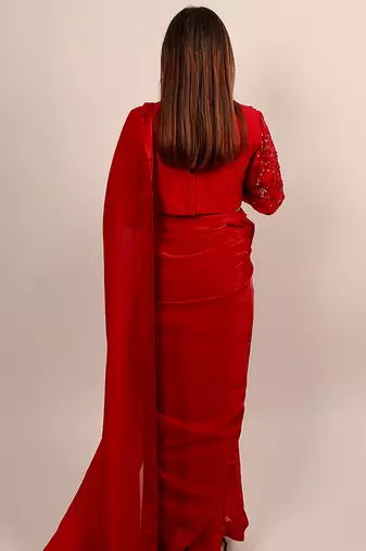 Red embroidered crepe saree