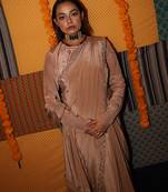 Beige embroidered satin saree