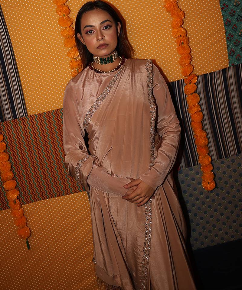 Beige embroidered satin saree