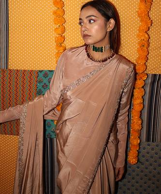 Beige embroidered satin saree 4