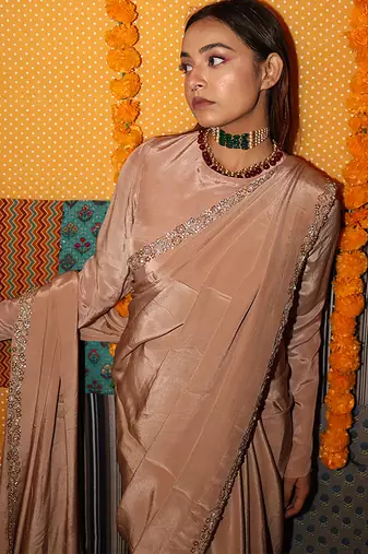 Beige embroidered satin saree