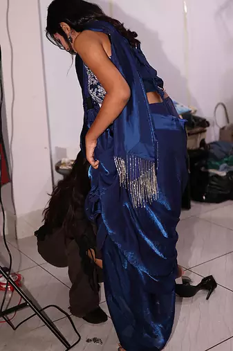 Blue embroidered satin saree