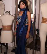 Blue embroidered satin saree